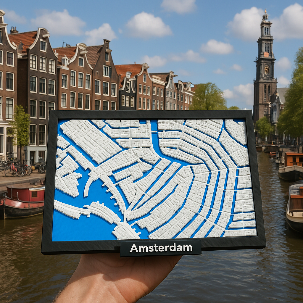 Miniature d'Amsterdam imprimée en 3D - Plan de ville détaillé et anneau de canaux - Qualité Premium