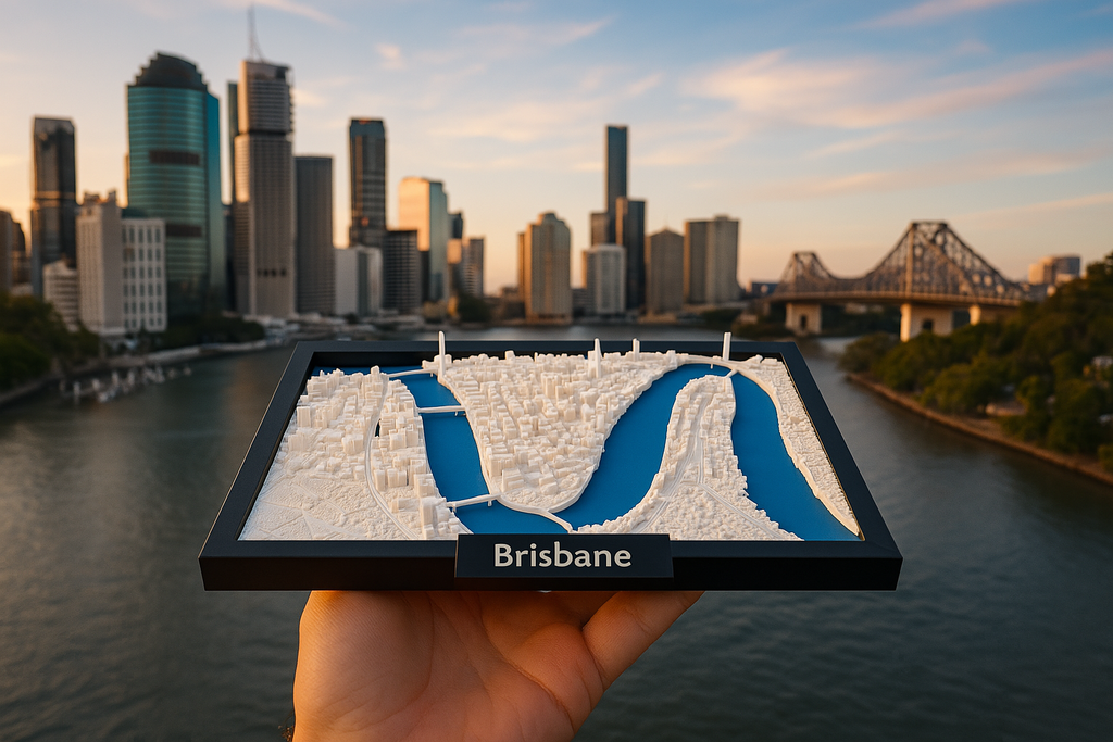 Miniature imprimée en 3D de Brisbane - Plan détaillé de la ville et paysage fluvial - Qualité Premium