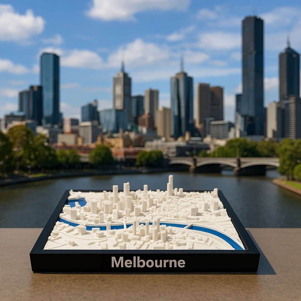 3D-utskrevet miniatyr av Melbourne - detaljert bykart og skyline - førsteklasses kvalitet