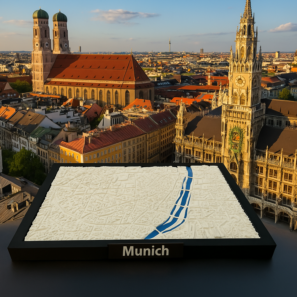 3D-utskrevet miniatyr av München - detaljert bykart og elvelandskap - førsteklasses kvalitet