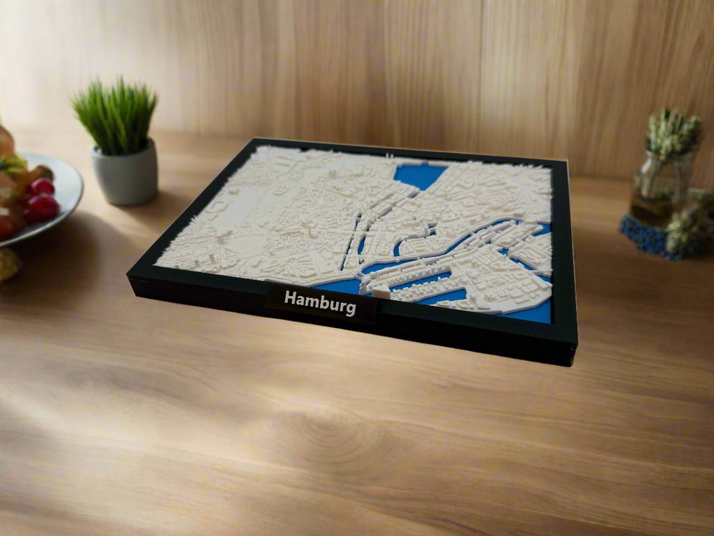 3D-utskrevet miniatyr av Hamburg - detaljert bykart og havneområde - førsteklasses kvalitet