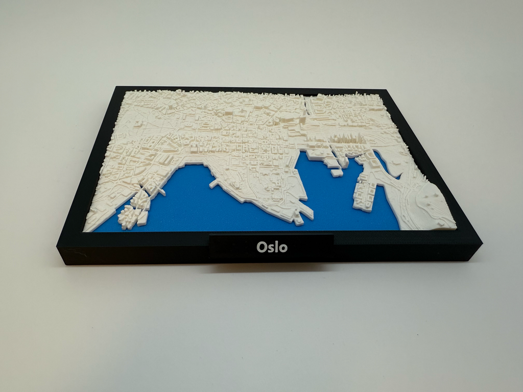 3D-utskrevet miniatyr av Oslo - detaljert bykart og fjorder - førsteklasses kvalitet