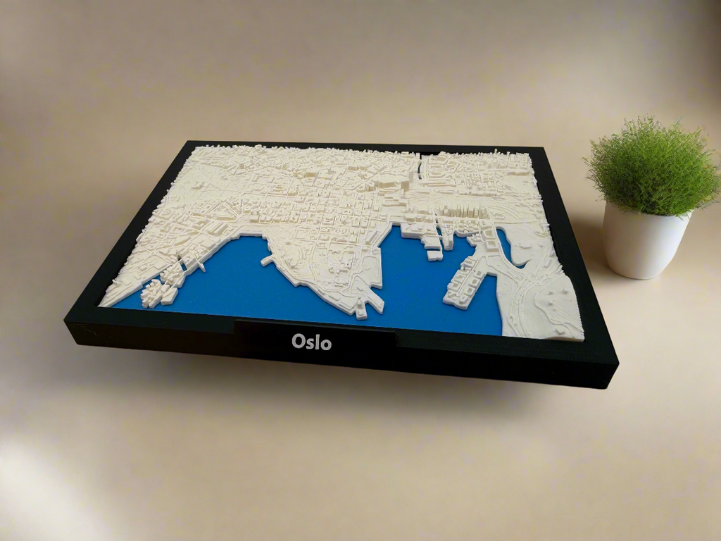 3D-utskrevet miniatyr av Oslo - detaljert bykart og fjorder - førsteklasses kvalitet