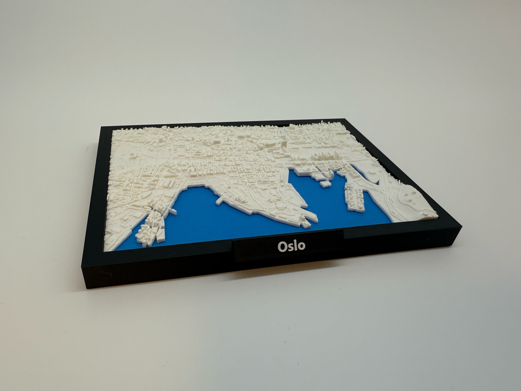 3D-utskrevet miniatyr av Oslo - detaljert bykart og fjorder - førsteklasses kvalitet