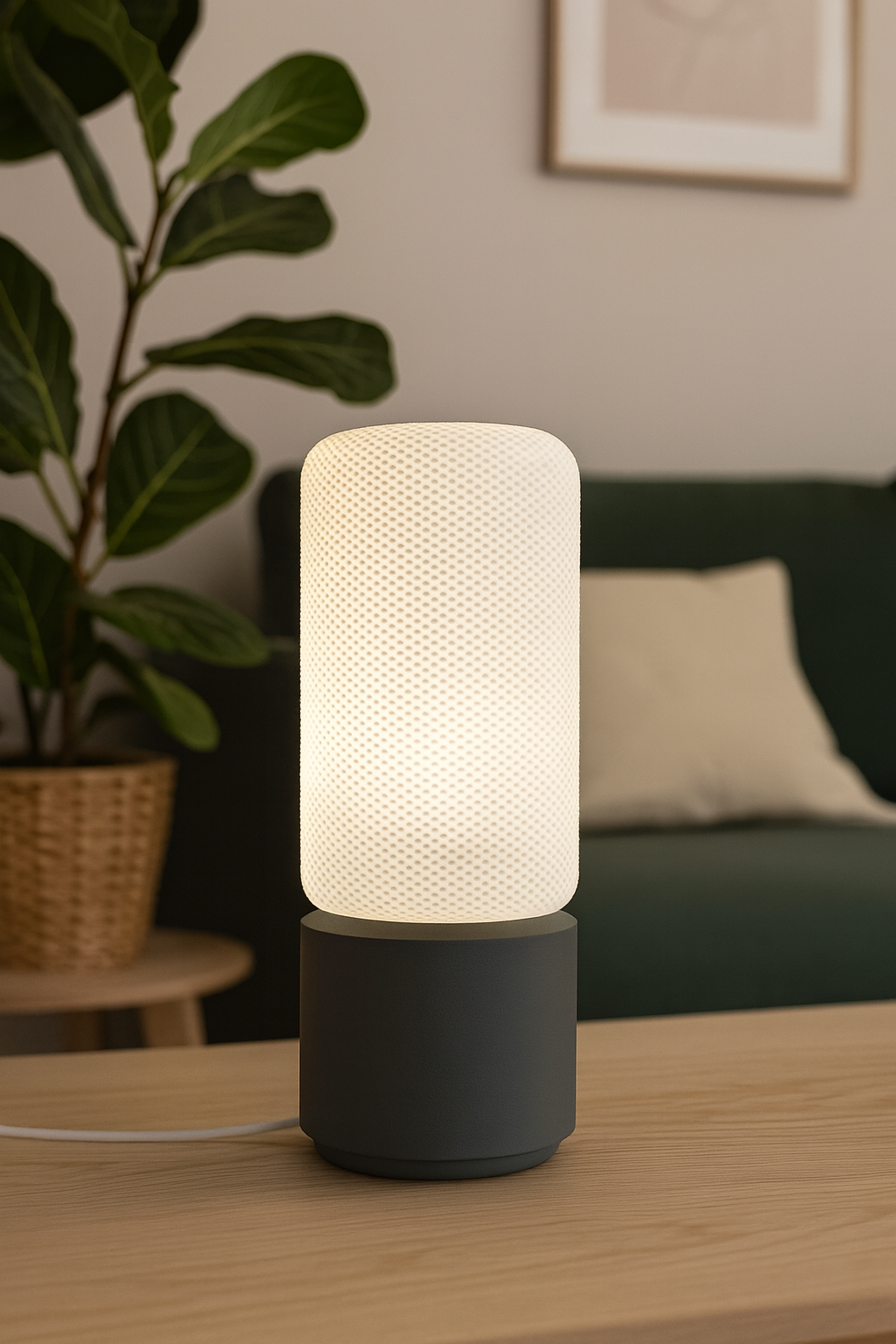 Lampe de table moderne 'Dots' avec abat-jour cylindrique blanc et base grise - Eclairage d'ambiance élégant
