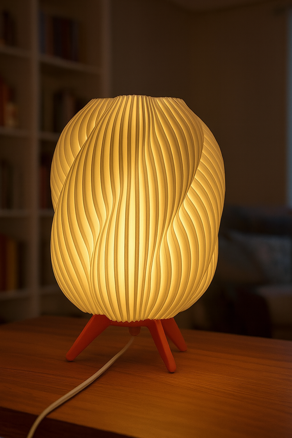 Lampe de table design 'Wave' avec abat-jour blanc ondulé et base en bois - Atmospheric Modern Lighting